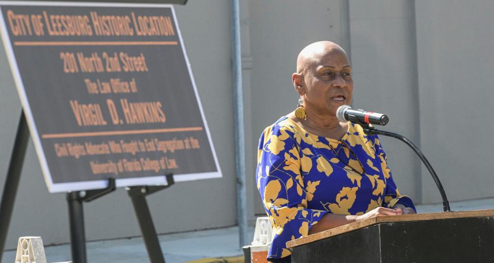 Martha Taylor of the Tr-City NAACP speaks at a ceremony marking the historic law office of Virgil D. Hawkins in downtown Leesburg on Thursday, June 9, 2022. Hawkins fought to attend law school at the University of Florida in 1949. He eventually sacrificed his own admission to win a guarantee that the university’s graduate programs would desegregate. [PAUL RYAN / CORRESPONDENT]