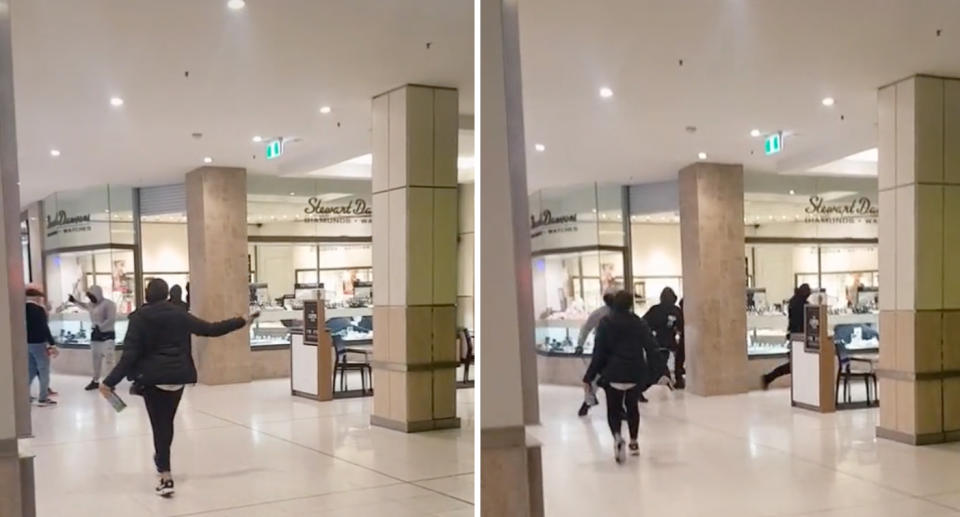 Masked robbers caught on video raiding Stewart Dawsons jewellery store in Westfield St Lukes, Auckland. Source: TikTok/ ashfordblin