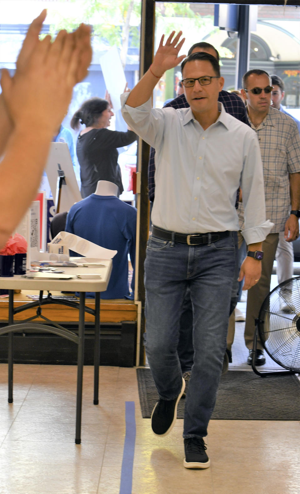 Josh Shapiro, Pennsylvania's Democratic nominee for governor, walks into a campaign event at Adams County Democratic Party headquarters, Sept. 17, 2022, in Gettysburg, Pa. (AP Photo/Marc Levy)