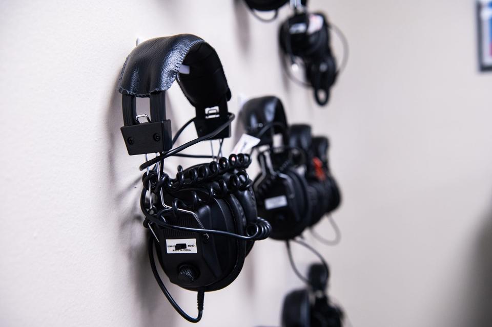 Headphones hang on the wall in Alyssa Cruz's classroom at South Middle School in Newburgh.