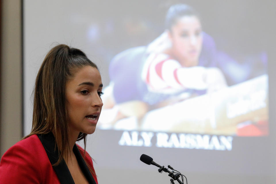 Olympic gold medalist Aly Raisman has filed a lawsuit against the U.S. Olympic Committee. Here, she speaks at the sentencing hearing for Larry Nassar, a former team USA Gymnastics doctor, in Lansing, Michigan, Jan. 19. (Photo: Brendan McDermid / Reuters)