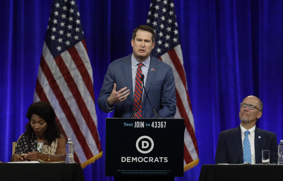 Former Democratic presidential candidate Rep. Seth Moulton, D-Mass., gestures while speaking at the Democratic National Committee's summer meeting Friday, Aug. 23, 2019, in San Francisco. Moulton announced he is dropping from the race. (AP Photo/Ben Margot)
