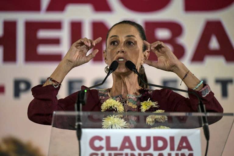 La candidata presidencial de izquierda mexicana por el partido Movimiento de Regeneración Nacional (MORENA), Claudia Sheinbaum, se dirige a sus seguidores durante un mitin de campaña en Xochimilco, México, el 29 de abril de 2024. (Yuri CORTEZ)