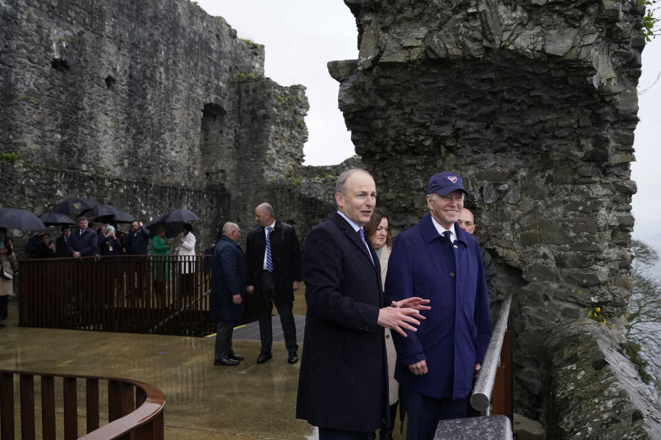 Micheál Martin, Tánaiste of Ireland, speaks as President Joe Biden tours Carlingford Castle in County Louth, Ireland, Wednesday, April 12, 2023. (AP Photo/Patrick Semansky)