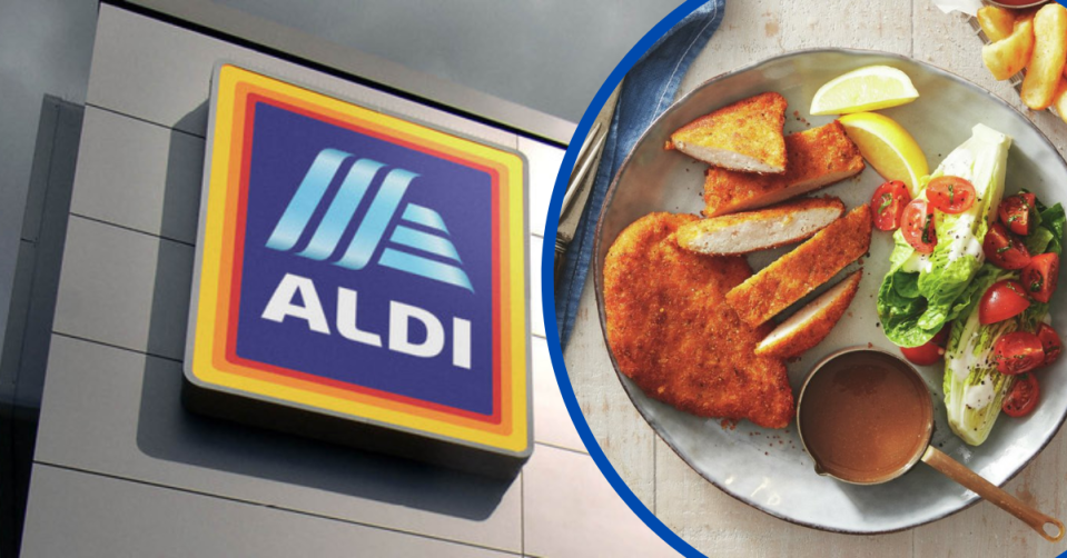 A photo of an Aldi sign and a chicken schnitzel with side salad