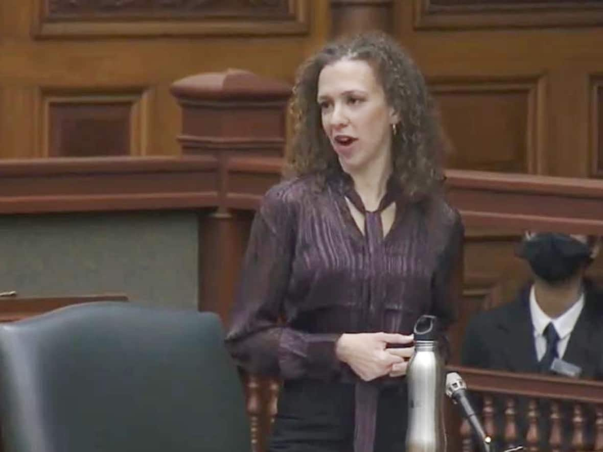 Cambridge MPP Belinda Karahalios responds to Speaker Ted Arnott's request she leave the chamber at Queen's Park because she is not vaccinated against COVID-19 and a recent positive test for the virus means she must remain out of the chamber for 90 days starting on the day of the test. (Ontario Legislative Assembly/YouTube - image credit)