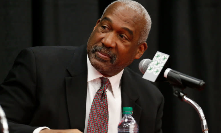 Ohio State football athletic director Gene Smith at a press conference about college football coach Urban Meyer.