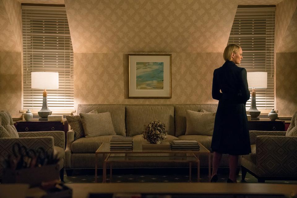 Throughout all six seasons of House of Cards, political drama plays out amid traditional-leaning interiors.