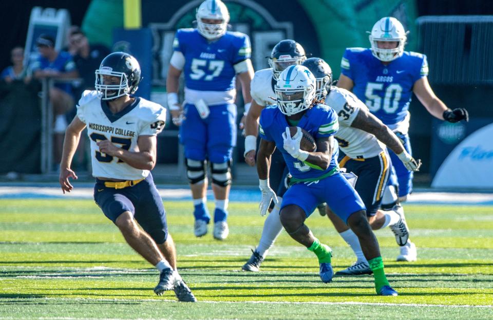 West Florida's Ra' veion Hargrove runs down field during action against Mississippi College Saturday, October 22, 2022 at Pen Air Field at the University of West Florida. West Florida went on to beat Mississippi College 45-17.