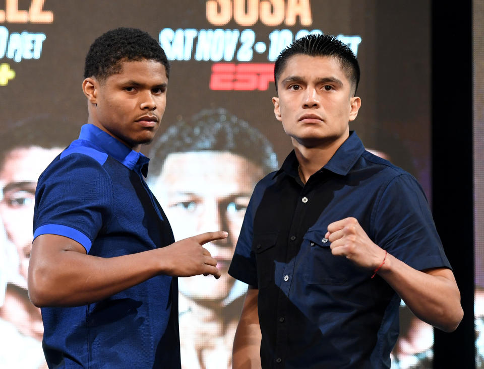 LAS VEGAS, NEVADA - SEPTEMBER 13:  Boxers Shakur Stevenson (L) and Joet Gonzalez pose during a news conference announcing Top Rank Boxing's fall schedule at the KA Theatre at MGM Grand Hotel & Casino on September 13, 2019 in Las Vegas, Nevada. The two will fight for the vacant WBO featherweight title on October 26 in Reno, Nevada.  (Photo by Ethan Miller/Getty Images)