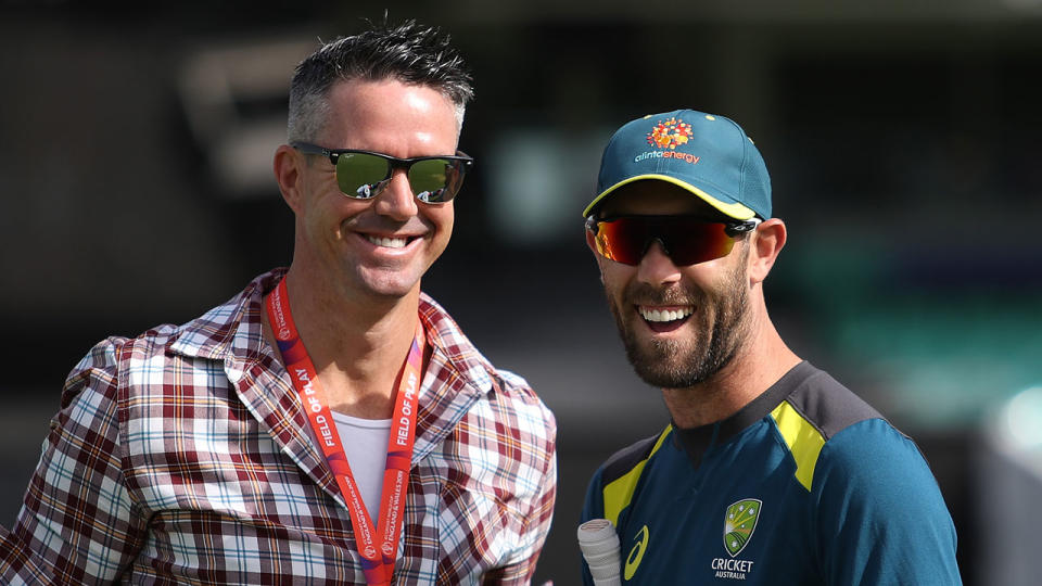 Kevin Pietersen catches up with his former T20 teammate Glenn Maxwell. Pic: Getty