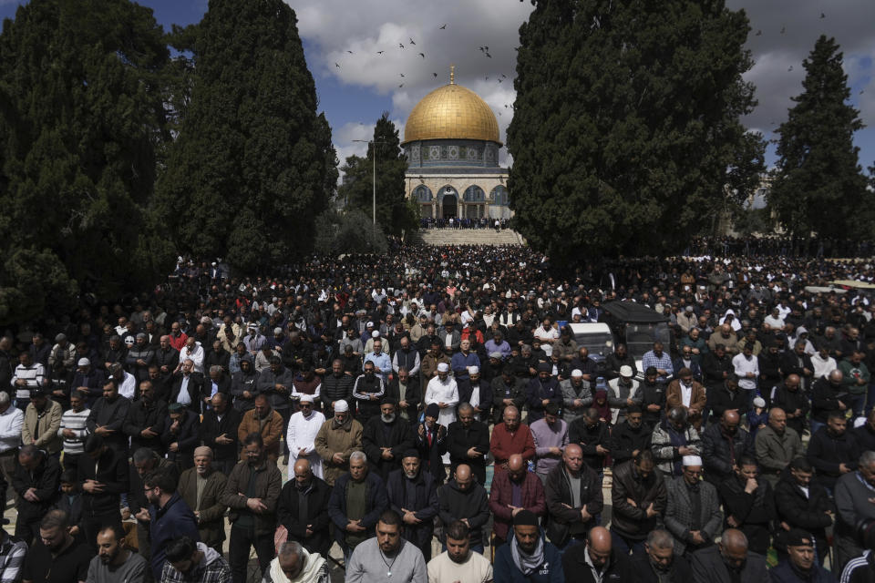 Muslim worshippers perform Friday prayers at the Al-Aqsa Mosque compound in the Old City of Jerusalem during the Muslim holy month of Ramadan on Friday, March 15, 2024. (AP Photo/Mahmoud Illean)