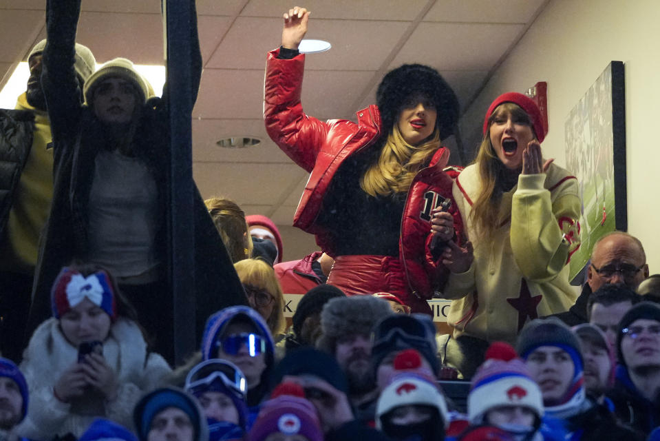 Taylor Swift, right, and Brittany Mahomes react during the third quarter of an NFL AFC division playoff football game between the Buffalo Bills and the Kansas City Chiefs, Sunday, Jan. 21, 2024, in Orchard Park, N.Y. (AP Photo/Frank Franklin II)