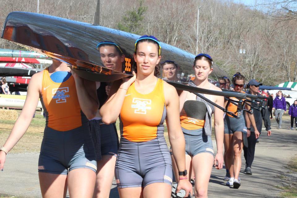 University of Tennessee rowers put their boat back on the trailer after a race at the Cardinal Invitational Regatta in 2022. The regatta will be held again this year, Friday through Sunday.