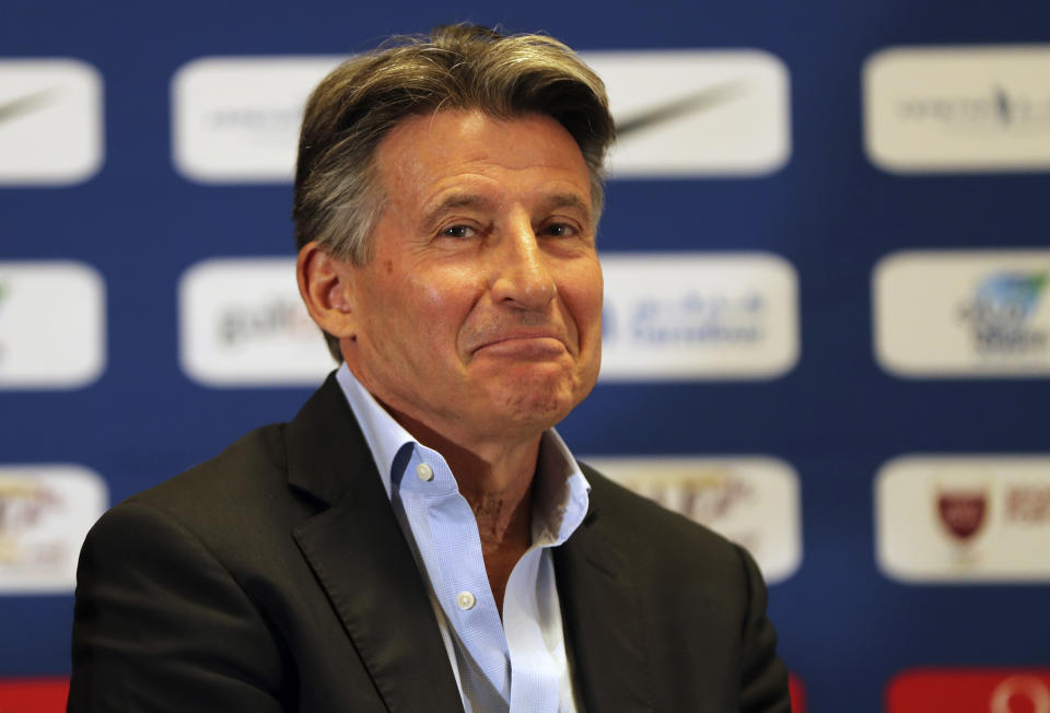 FILE - In this Thursday, May 2, 2019 file photo, IAAF President Sebastian Coe, attends a press conference ahead of the Doha IAAF Diamond League in Doha, Qatar. IAAF President Sebastian Coe discusses the impact of Usain Bolt's absence from the upcoming world championships in a wide-ranging interview with The Associated Press, and expresses his hope that emerging young athletes will make their own mark at the Sept. 27-Oct. 6, 2019 event. (AP Photo/Kamran Jebreili, File)