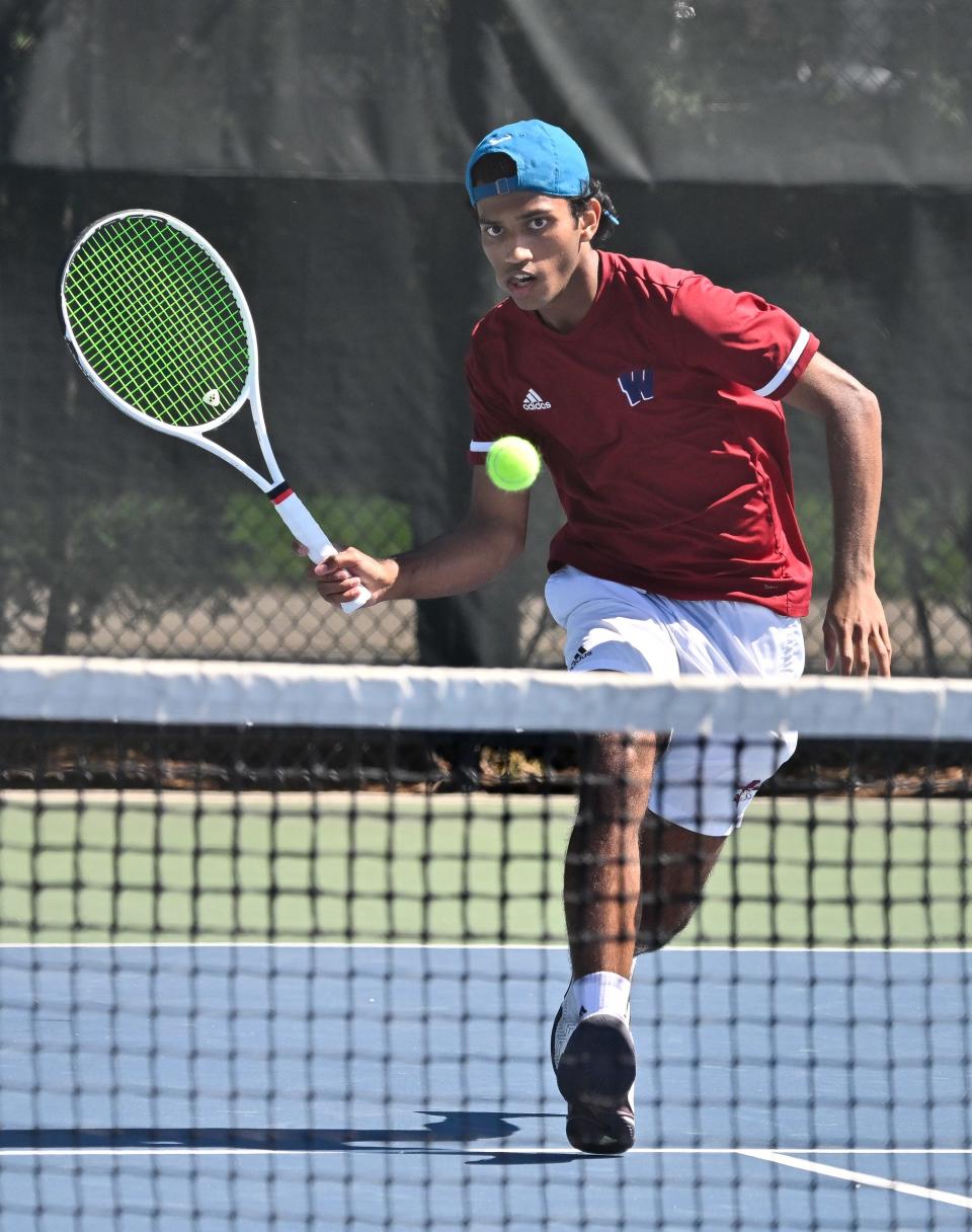 Westborough second singles Srinjoy Ghosh keeps his eyes on the ball during the Division 2 state tennis championship game versus Duxbury at MIT, Saturday, June 15, 2024.