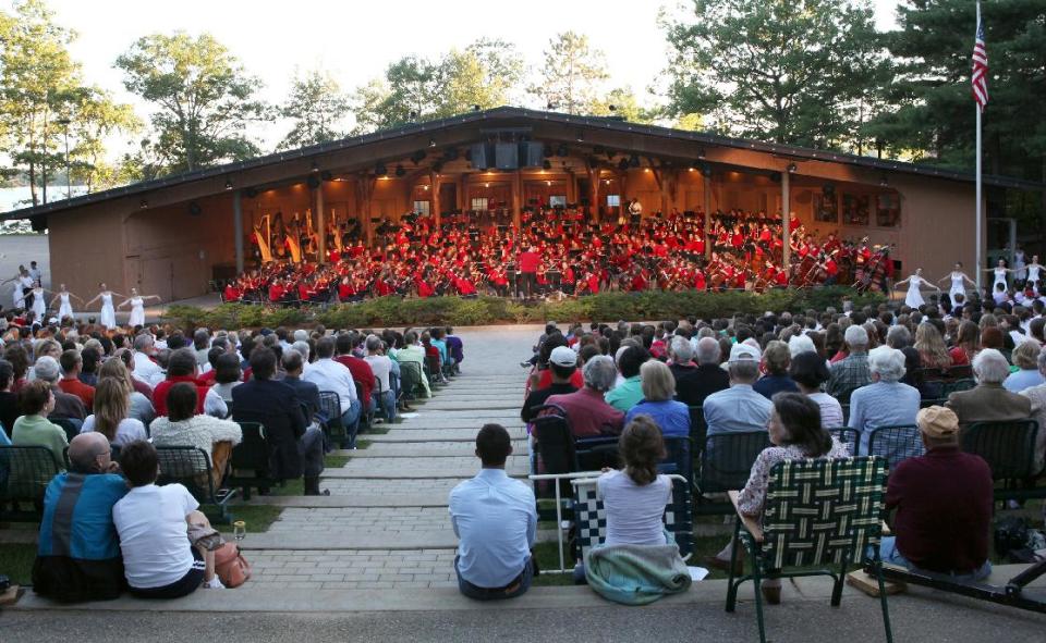 In this undated photo released by Interlochen Center for the Arts, an audience watches a summer orchestra and dance concert at Interlochen Center for the Arts near Traverse City, Mich. Interlochen Center for the Arts is a year-round academy and summer camp for youngsters. You must buy tickets to attend star performances; this year's lineup includes ZZ Top, Josh Groban and Harry Connick Jr. But most of the roughly 400 concerts are free. (AP Photo/Interlochen Center for the Arts)