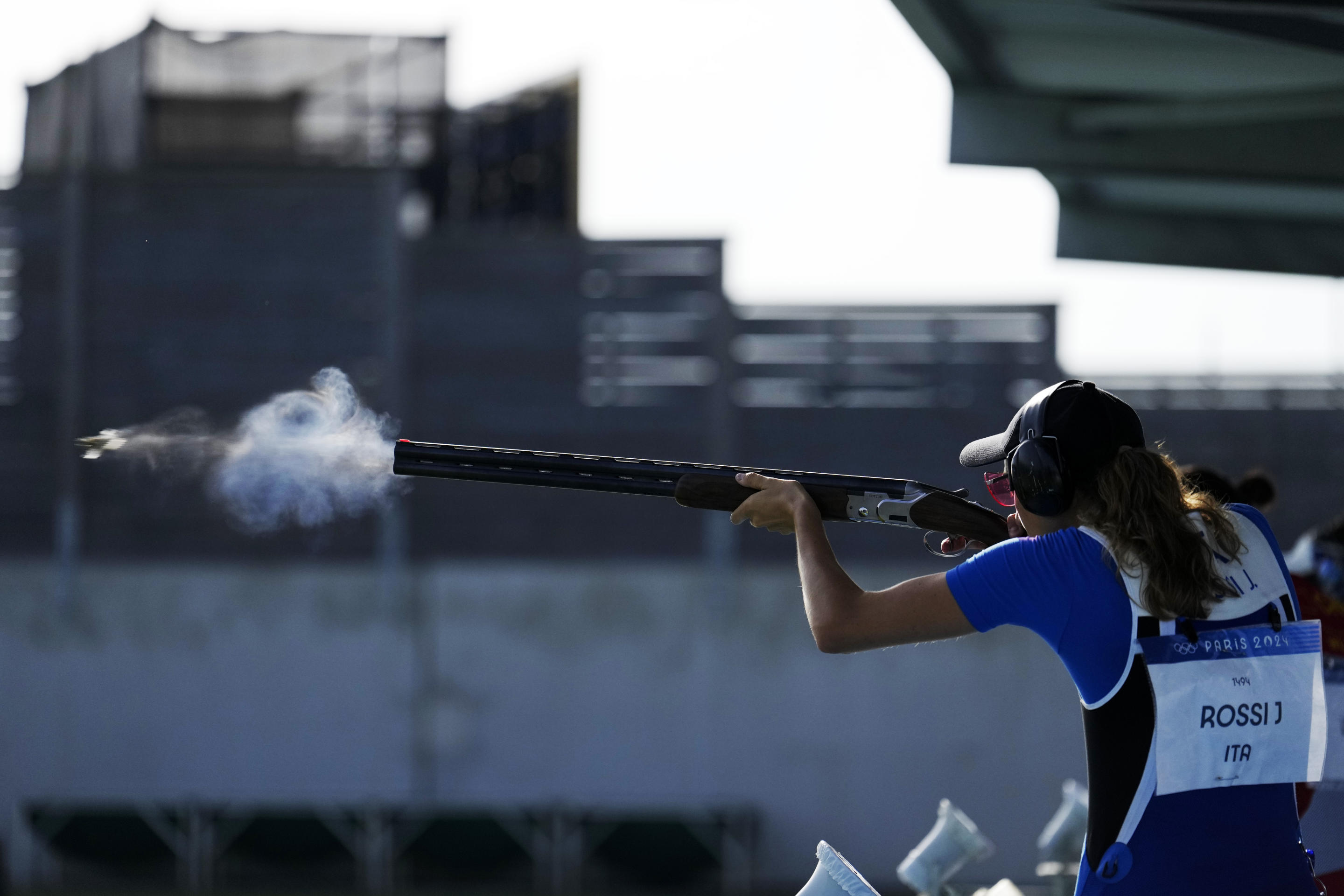 Italy's Jessica Rossi competes in the Trap women's qualification round at the 2024 Summer Olympics on July 30, 2024, in Chateauroux, France. (Manish Swarup/AP)