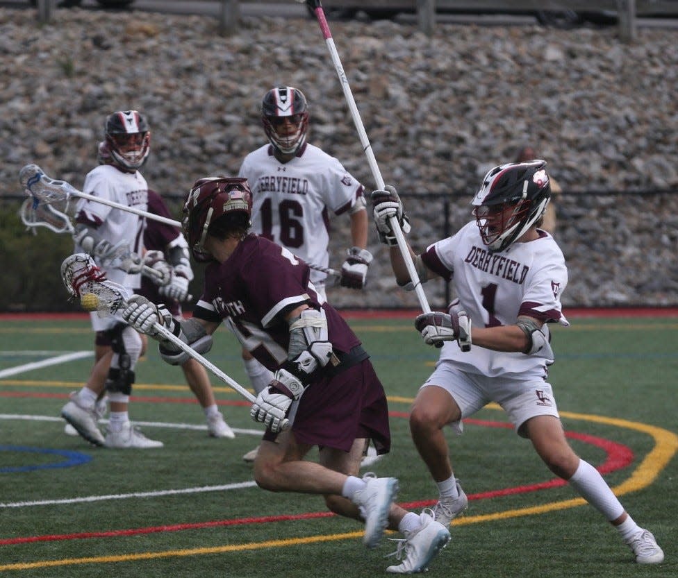 Portsmouth High School boys lacrosse player Zac Amend looking to make a move during Portsmouth's 10-9 win over Derryfield on Thursday at Derryfield School.