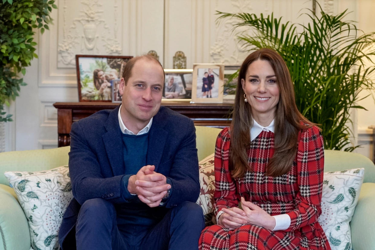  Prince William and Kate, Duchess of Cambridge smile during a video message sent to staff at NHS Tayside (AP)