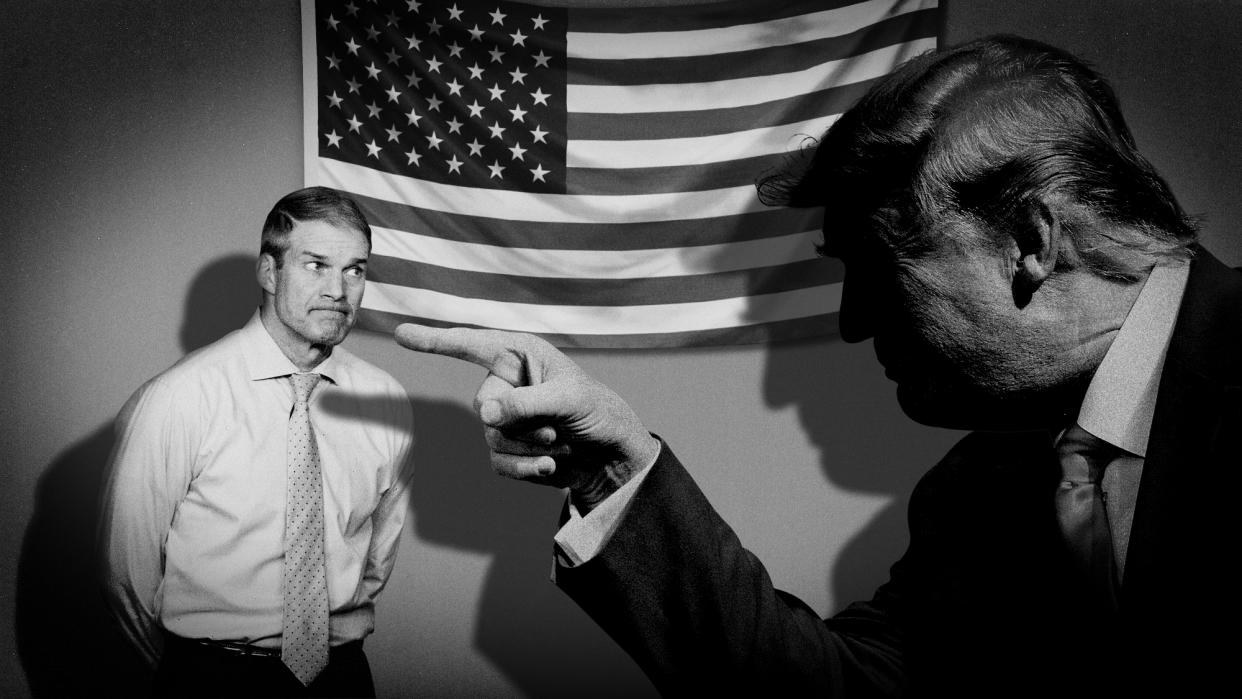  Illustration of Donald Trump pointing at Jim Jordan. 