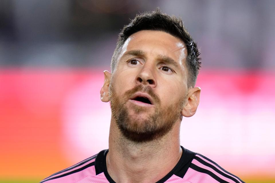 Lionel Messi #10 of Inter Miami CF takes the field prior to the Concacaf Champions Cup Round of 16 match against the Nashville SC at Chase Stadium on March 13, 2024 in Fort Lauderdale, Florida.