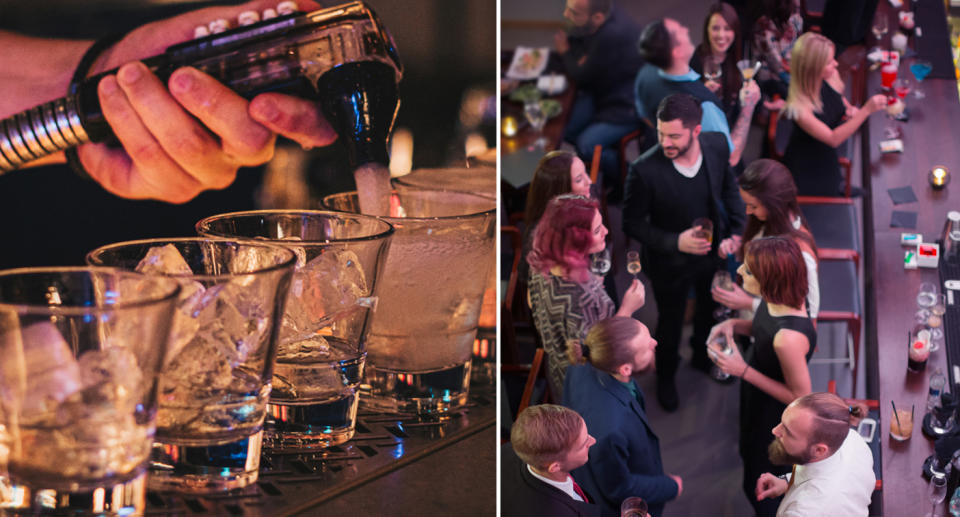 A hand pours drinks (left) and people enjoying a night out at a bar (right).