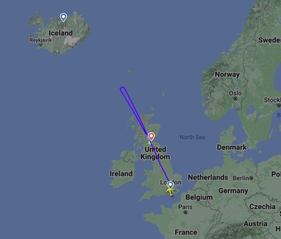 An easyJet flight from London Gatwick to Iceland’s second airport, Akureyri, has turned back while over the Atlantic – and diverted to Edinburgh (Flightradar24)