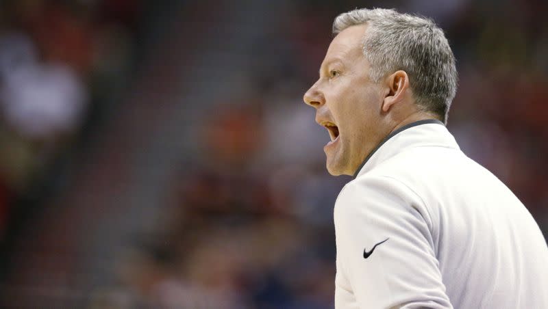 Utah State coach Ryan Odom calls out to players during a game against San Diego State in the MWC championship game Saturday, March 11, 2023, in Las Vegas. The Aggies fell to the Aztecs but won enough games this season to land Odom a new job as the head coach at VCU.