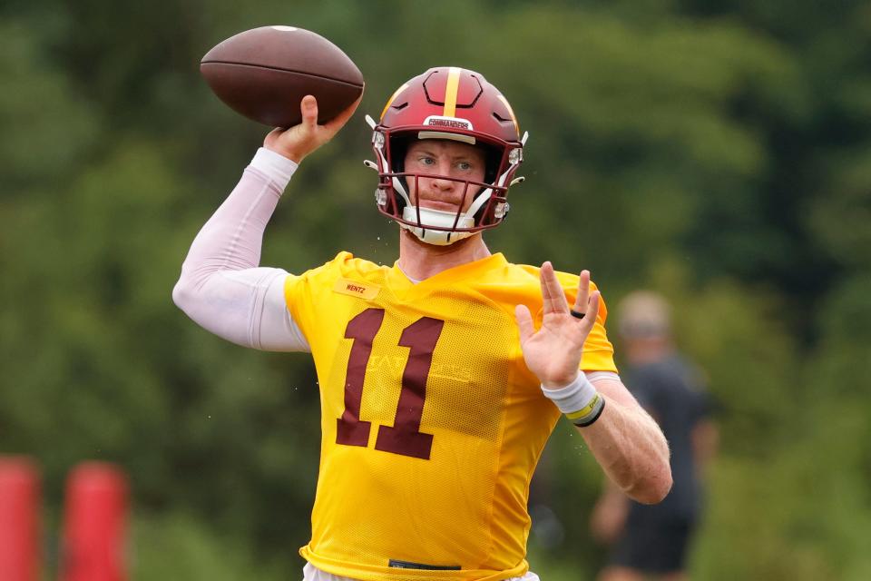 Commanders quarterback Carson Wentz during day three of training camp at the Park in Ashburn.