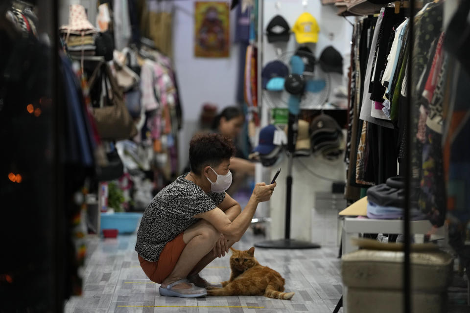 A vendor waits with her cat for customers at a store in Beijing, Thursday, July 27, 2023. Chinese leader Xi Jinping's government is promising to drag the economy out of a crisis of confidence aggravated by tensions with Washington, wilting exports, job losses and anxiety among foreign companies about an expanded anti-spying law. (AP Photo/Ng Han Guan)