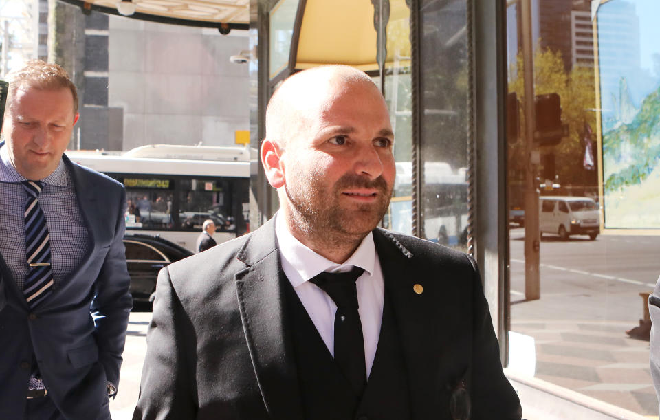 SYDNEY, AUSTRALIA - SEPTEMBER 08:  Celebrity chef George Calombaris arrives to Downing Centre Local Court on September 8, 2017 in Sydney, Australia. The celebrity chef was charged with assault following an altercation at the A-League grand final in May.  (Photo by Daniel Munoz/WireImage)