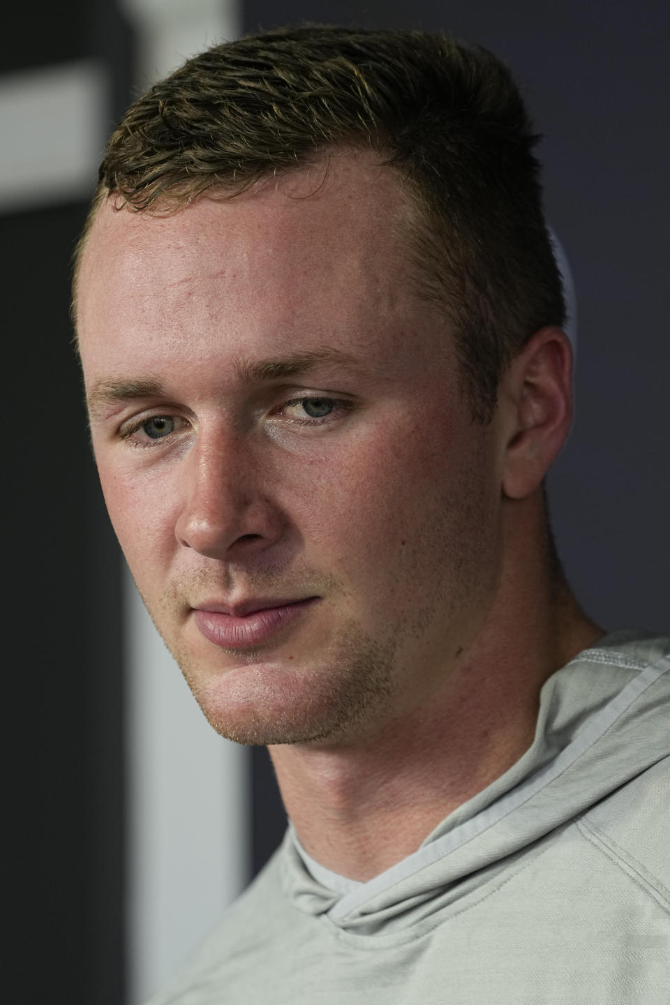 Tennessee Titans tight end Josh Whyle responds to questions from reporters following the NFL football team's rookie minicamp, Saturday, May 13, 2023, in Nashville, Tenn. (AP Photo/George Walker IV)