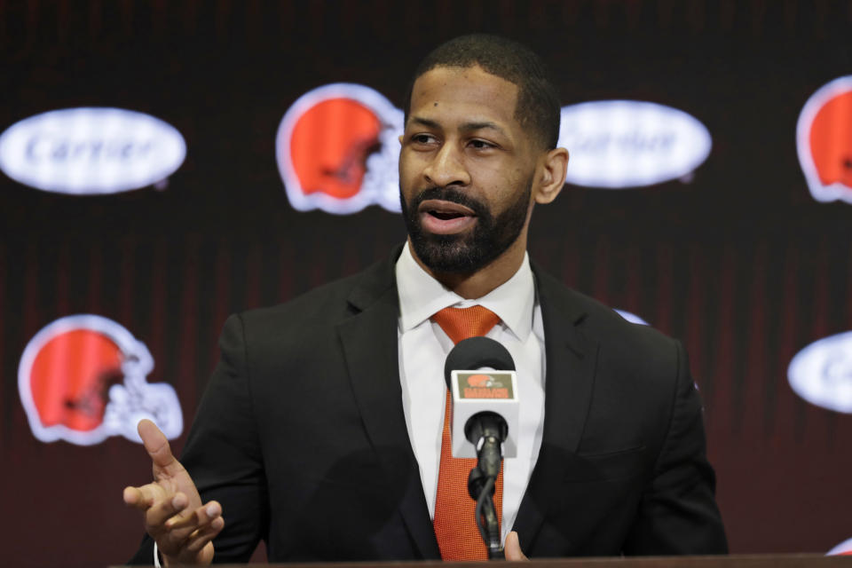 Cleveland Browns general manager Andrew Berry speaks during a news conference at the NFL football team's training facility, Wednesday, Feb. 5, 2020, in Berea, Ohio. Berry returned to the team after a one-year stint in the Philadelphia Eagles' front office. Berry was the Browns' vice president of player personnel from 2016-18. (AP Photo/Tony Dejak)