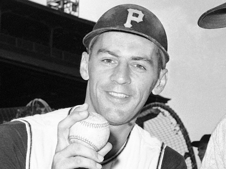 FILE - Pittsburgh Pirates Dick Groat is shown at Forbes Field in Pittsburgh, Aug. 11, 1960. Groat, a two-sport star who went from All-American guard in basketball to a brief stint in the NBA to ultimately an All-Star shortstop and the 1960 National League MVP while playing baseball for his hometown Pittsburgh Pirates, has died. He was 92. Groat's family said in a statement that Groat died early Thursday morning, April 27, 2023, at UMPC Presbyterian Hospital due to complications from a stroke. (AP Photo/File)