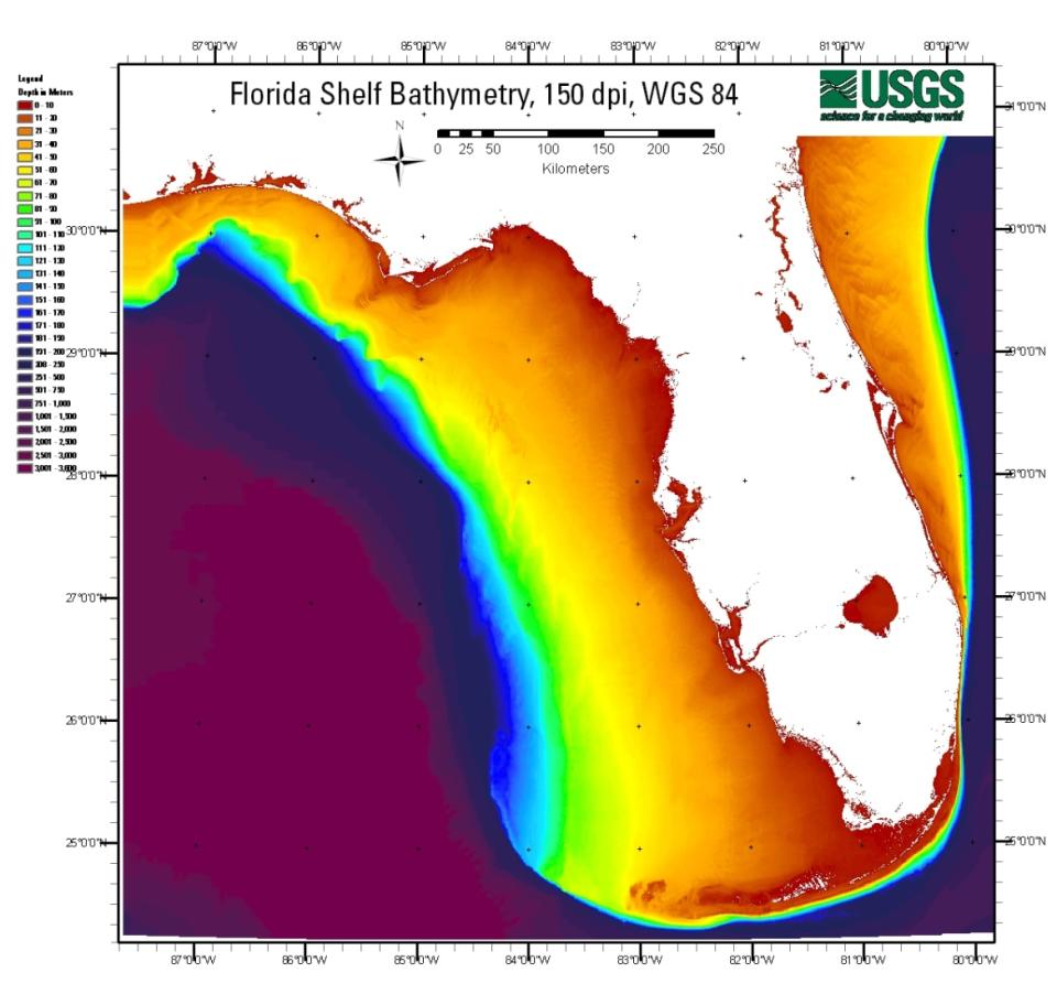 A model showing the depth of Florida’s coastal shelves.