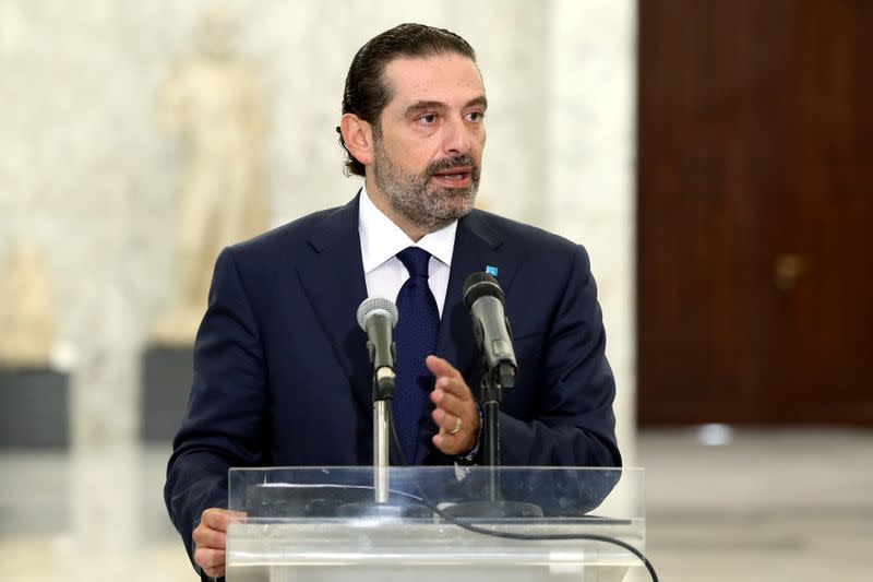 Former Prime Minister Saad al-Hariri speaks at the presidential palace in Baabda