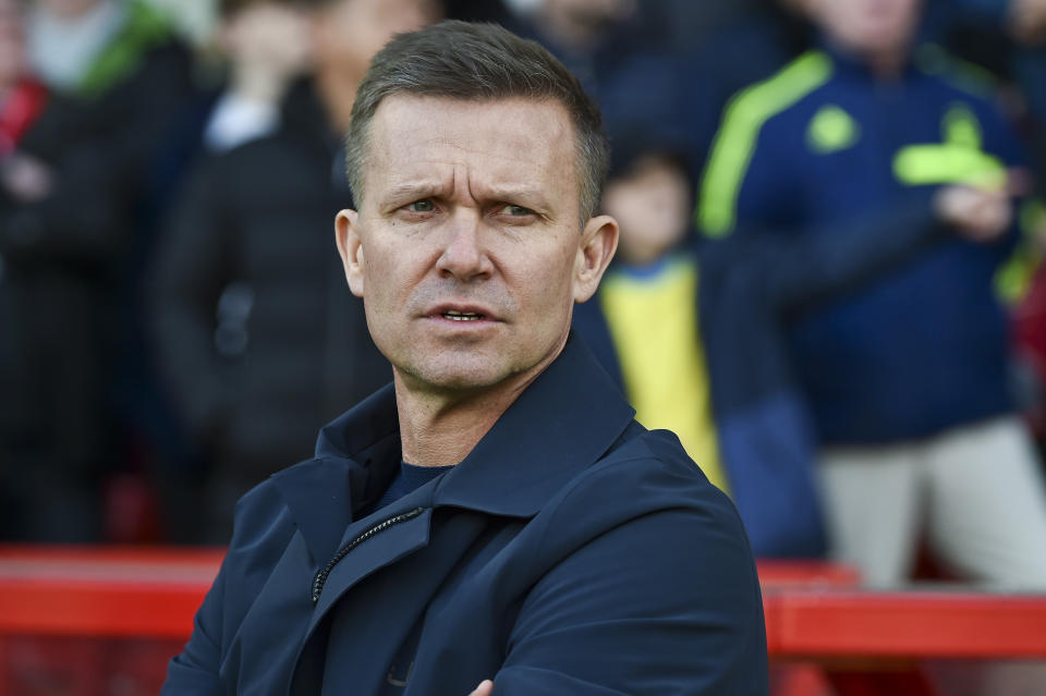Leeds United&#39;s head coach Jesse Marsch looks on prior to the English Premier League soccer match between Nottingham Forest and Leeds United at City Ground stadium in Nottingham, England, Sunday, Feb. 5, 2023. (AP Photo/Rui Vieira)