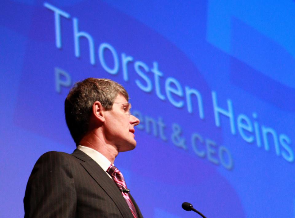 Thorsten Heins, President and CEO of Research in Motion (RIM), speaks at the company's Annual General Meeting, less than two weeks after announcing disappointing financial results, deep job cuts and the latest delay in its BlackBerry 10 software, in Waterloo, Ontario, Tuesday, July 10, 2012. Analysts believe RIM is running out of time to turn itself around. Sales of the once-pioneering BlackBerry phones fell 41 percent in the latest quarter and likely won't pick up again until new phones come out next year. (AP Photo/The Canadian Press, Dave Chidley)