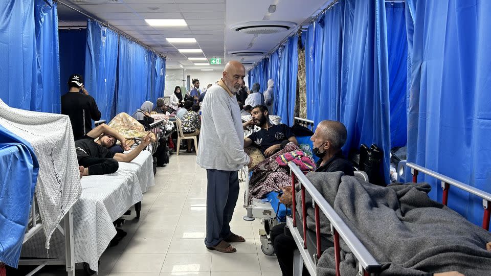 Thousands of displaced people are trying to shelter at Al-Shifa hospital, along with medical staff and patients, pictured on November 10. Many civilians are too afraid to leave amid Israel's persistent barrage of strikes. - Khader Al Zanoun/AFP/Getty Images