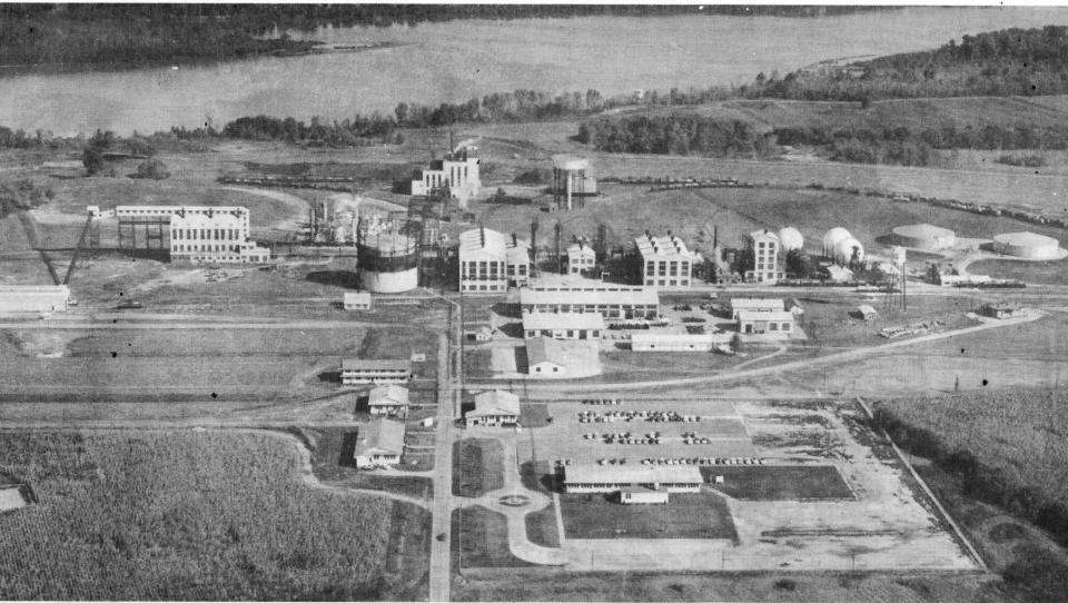 A1956 aerial view of Spencer Chemical Co. on Kentucky 136-West. It was originally built as the Ohio River Ordnance works in 1941-42 to manufacture anhydrous ammonia used for making explosives during World War II. It experienced regular labor disputes before it was sold to Spencer Chemical  in 1950.