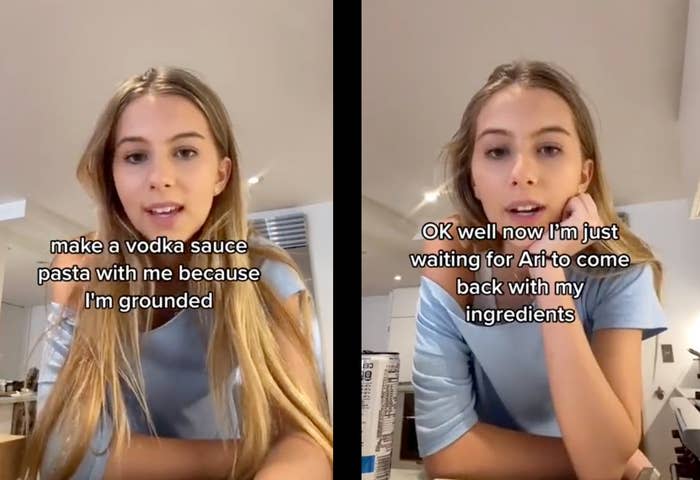 Two side-by-side screenshots of a young blonde woman leaning over a countertop with the captions "make a vodka sauce pasta with me because I'm grounded" and "OK well now I'm just waiting for Ari to come back with my ingredients"