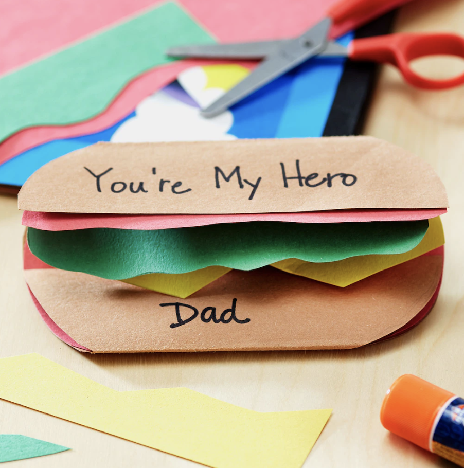 father's day crafts, sandwich shaped card with the words, you're my hero dad written on it