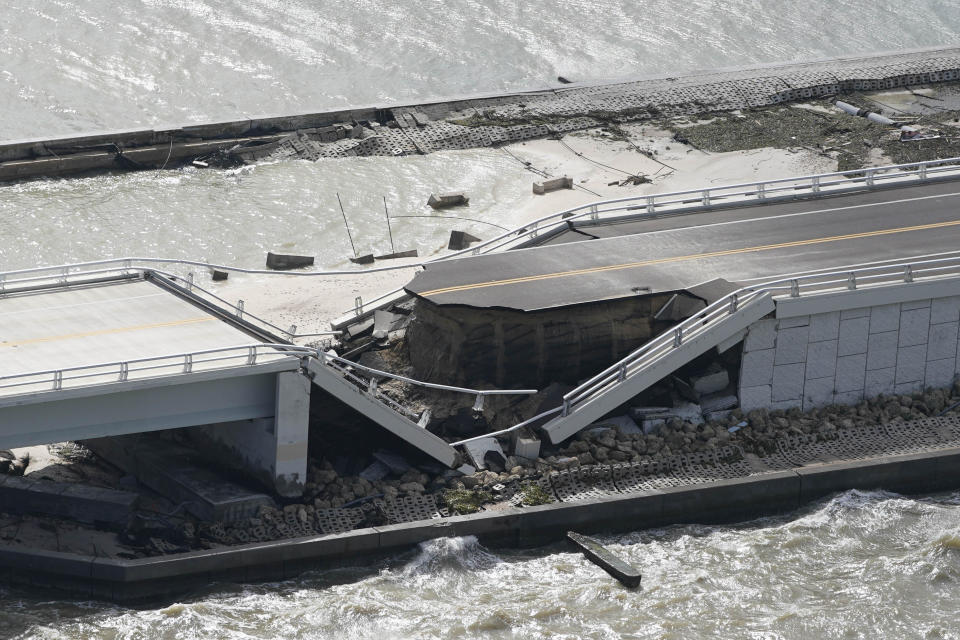 A section of the damaged Sanibel Causeway seen in the aftermath of Hurricane Ian, Thursday, Sept. 29, 2022, near Sanibel Island, Fla. / Credit: Wilfredo Lee / AP