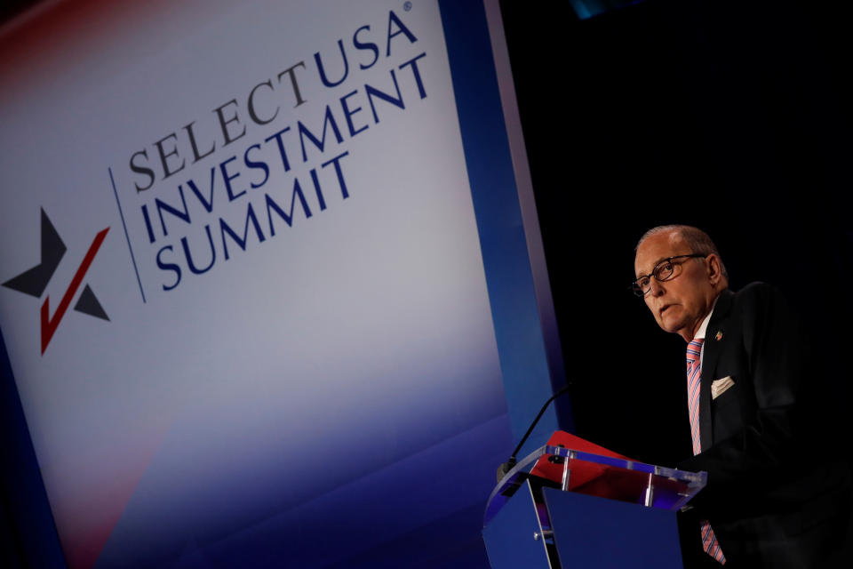 White House economic adviser Larry Kudlow delivers remarks at SelectUSA Investment Summit in Washington D.C., U.S. June 11, 2019.  REUTERS/Carlos Barria