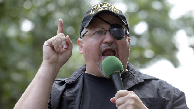 Stewart Rhodes, founder of the Oath Keepers, speaks during a rally outside the White House in Washington, D.C., June 25, 2017. (AP Photo/Susan Walsh, File)