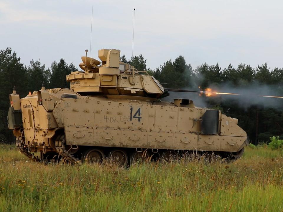Troopers with 3rd Armored Brigade Combat Team, 1st Cavalry Division firing the 25mm canon on a Bradley fighting vehicle in order to zero the vehicles weapons systems at a range in Poland on August 18, 2022. .