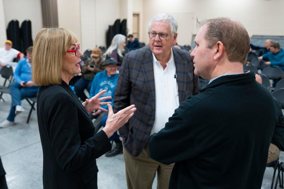 Lt. Gov. Suzanne Crouch, an Indiana Republican gubernatorial candidate, speaks with constituents, Thursday, April 4, 2024, during a listening session about the LEAP District at the Witham Pavilion at the Boone County Fairgrounds in Lebanon, Indiana.