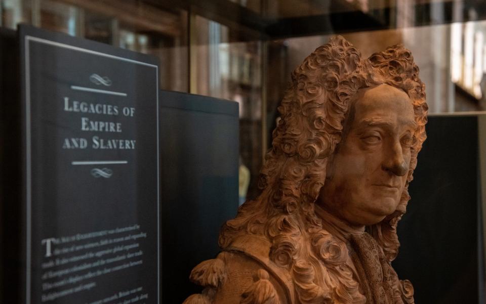 Re-contextualisation: bust of British Museum founder, Sir Hans Sloane, sits in a new cabinet explaining his links to slavery - Chris J Ratcliffe