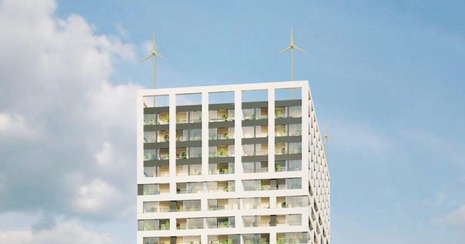 Pilotprojekt in Berlin: Vier 20 Meter hohe Windräder sollen ein Hochhaus mit Energie versorgen - Copyright: BE Berlin GmbH/Prof. Gerd Jaeger